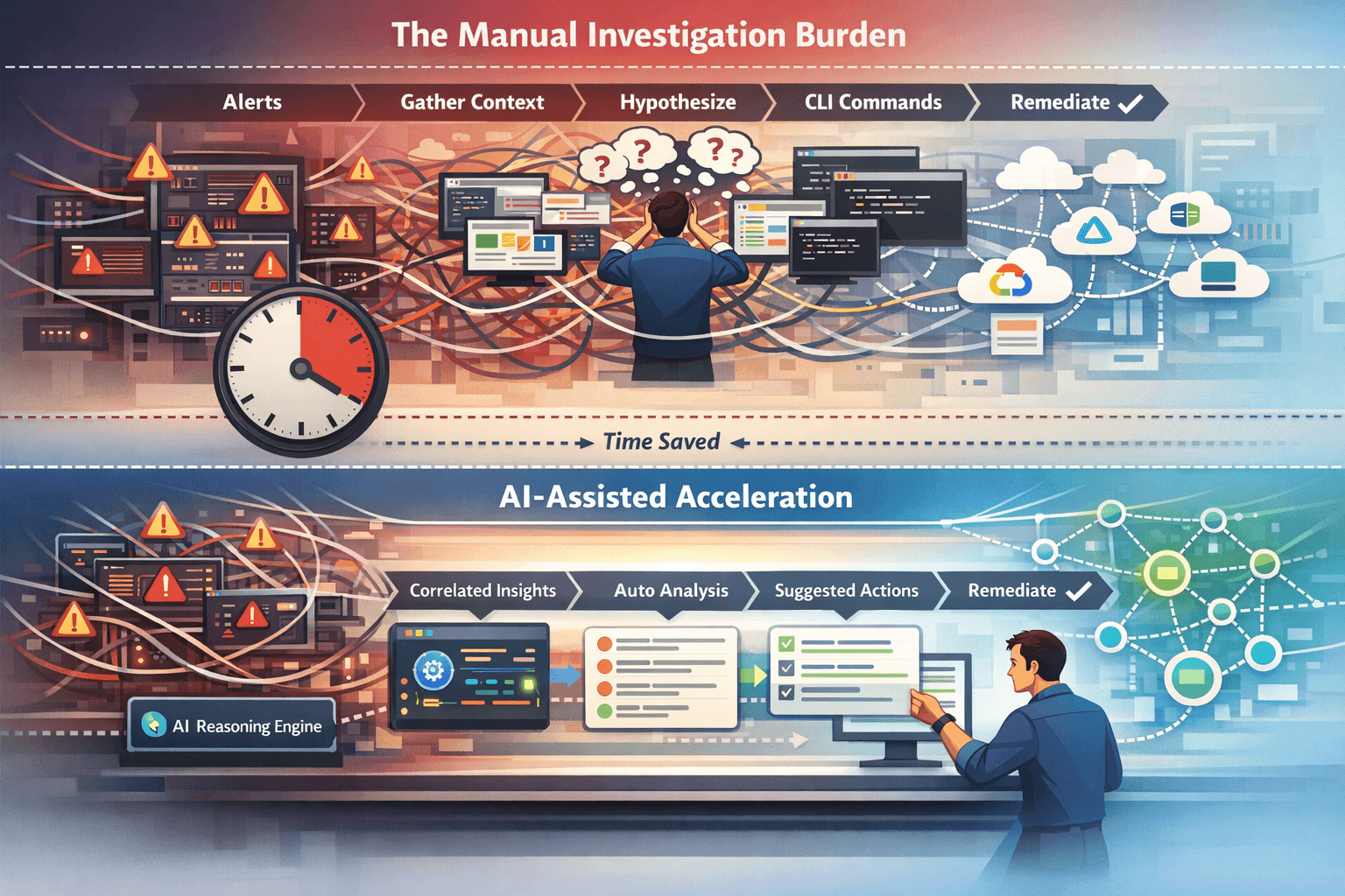 Illustration of a typical incident timeline dominated by manual correlation