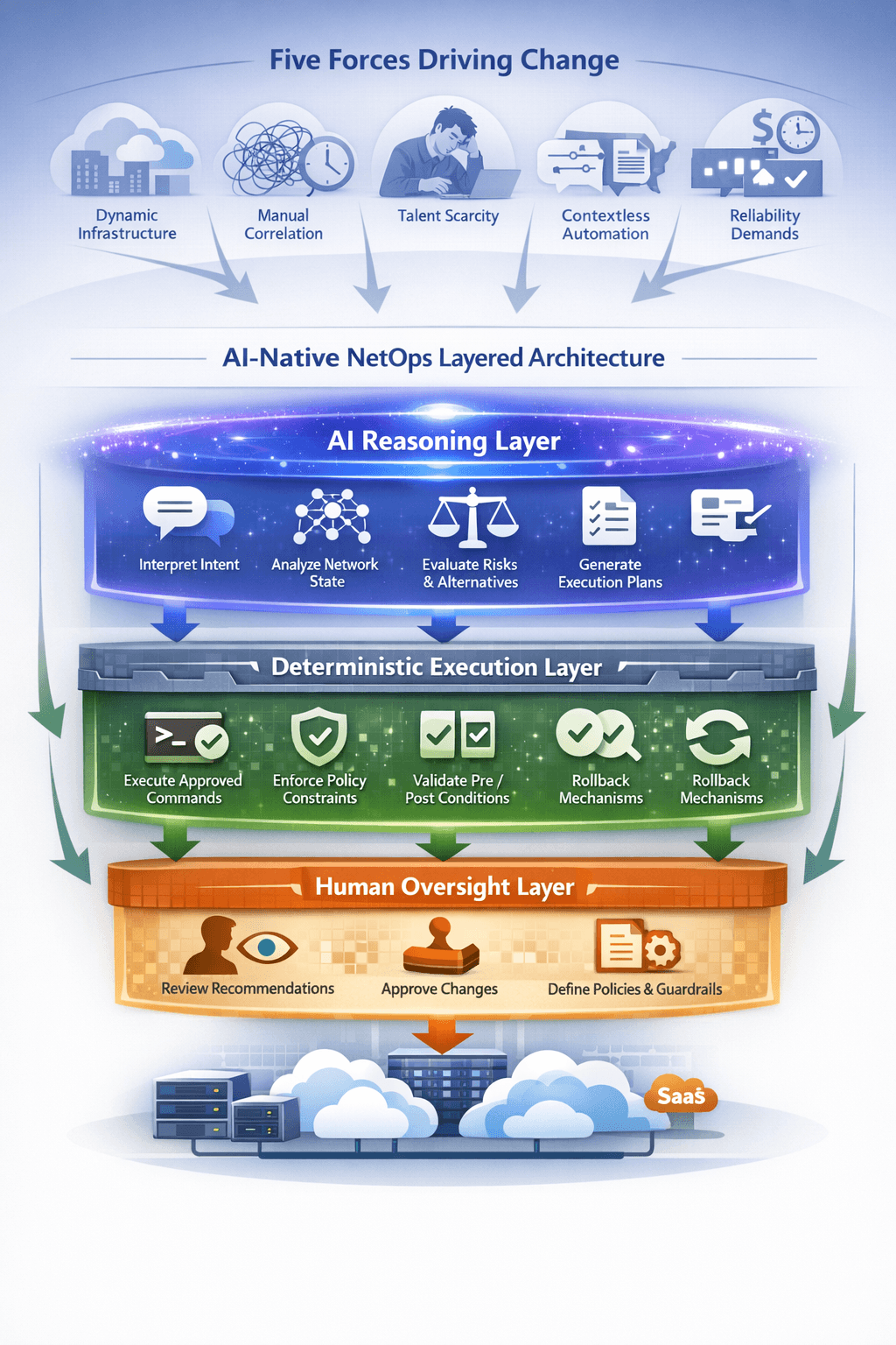 Layered AI-native NetOps architecture diagram