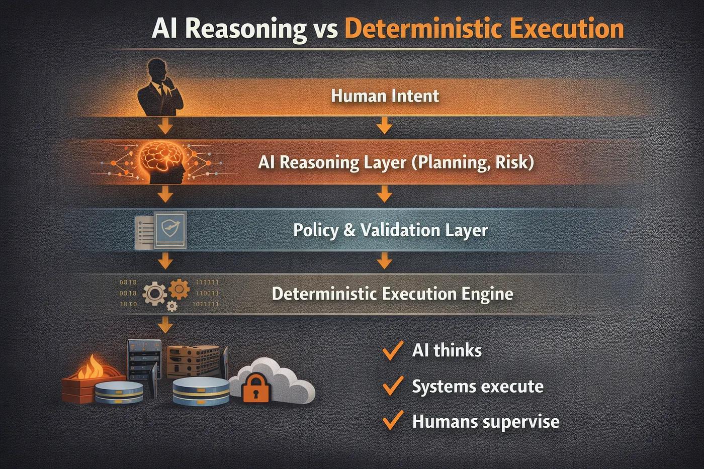 Diagram illustrating the decoupling of AI reasoning from deterministic execution