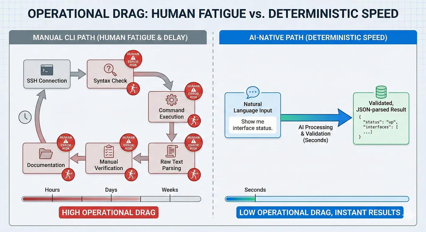 Diagram of the operational drag caused by human fatigue versus deterministic speed