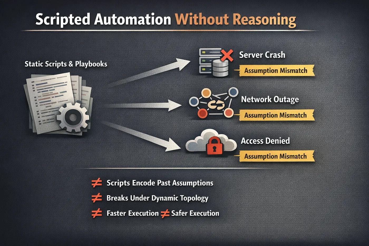 Illustration of brittle automation scripts breaking under changing network conditions